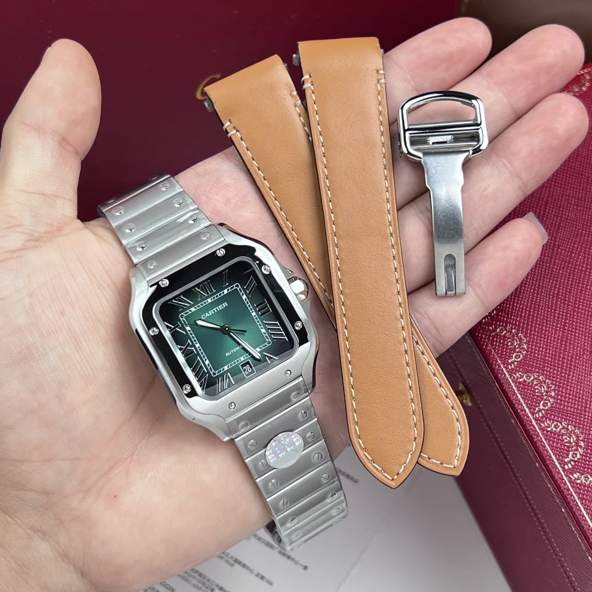 Dong-Ho-Cartier-Santos-De-Cartier-Replica-11-Mat-Xanh-La-Cay-2-1