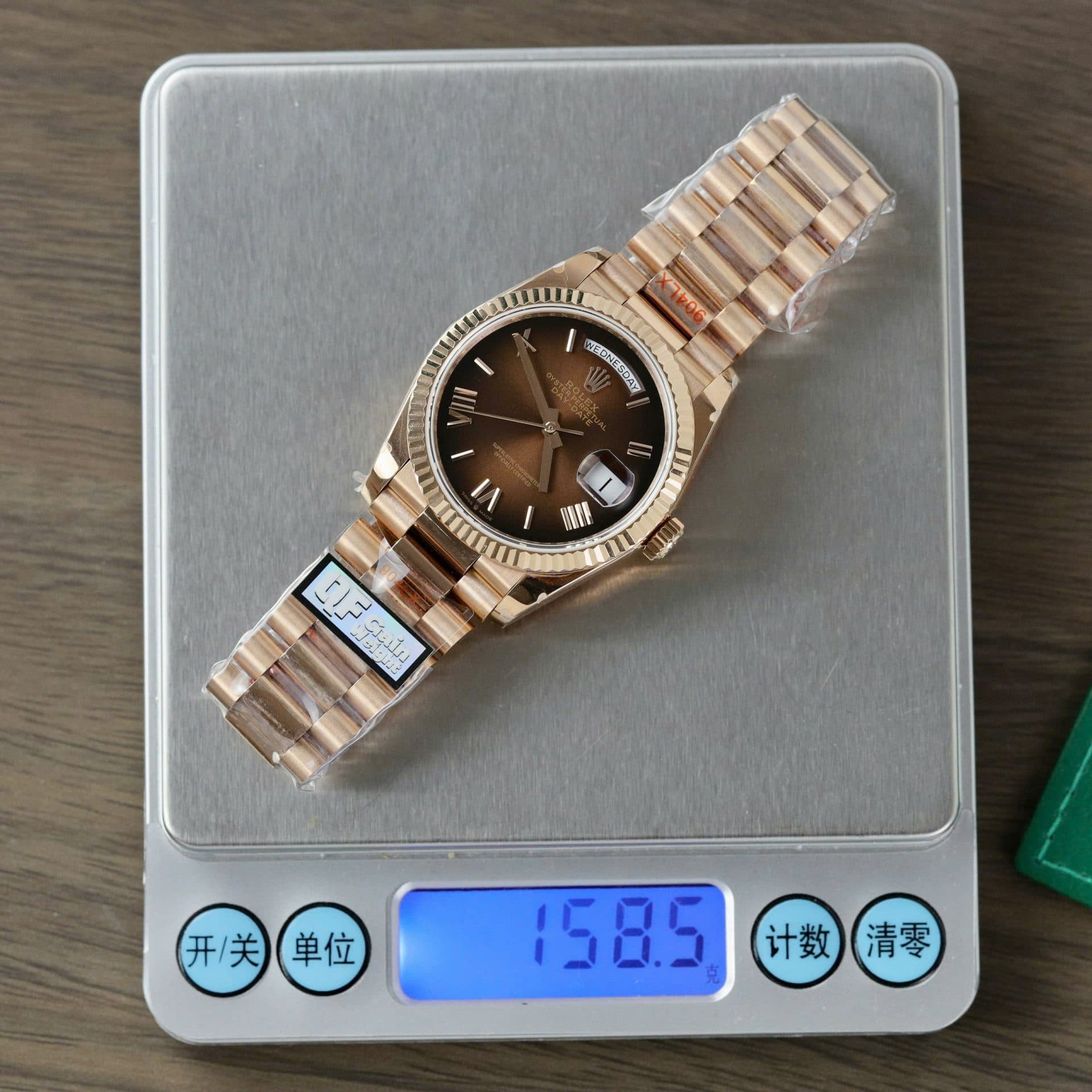 Dong-Ho-Rolex-Day-Date-128235-Replica-11-Mat-Chocolate-Trong-Luong-158gram-QF-Factory-36mm-10-1